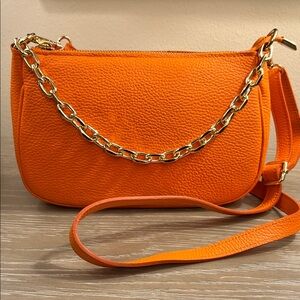 NWT, Vera Pelle Italian Leather Pouchette w/ Chic Chain Handle & Crossbody Strap